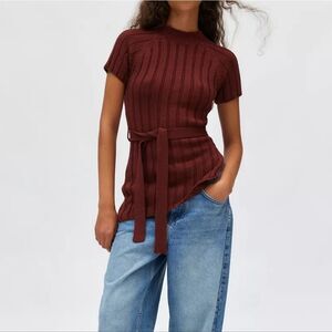 Silence + Noise brown rib-knit Mock Neck Tunic Sweater size M
